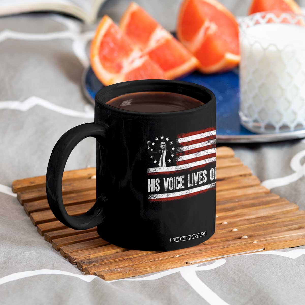 Charlie Kirk Memorial Coffee Mug His Voice Lives On Vintage Patriotic American Flag TS02 Print Your Wear
