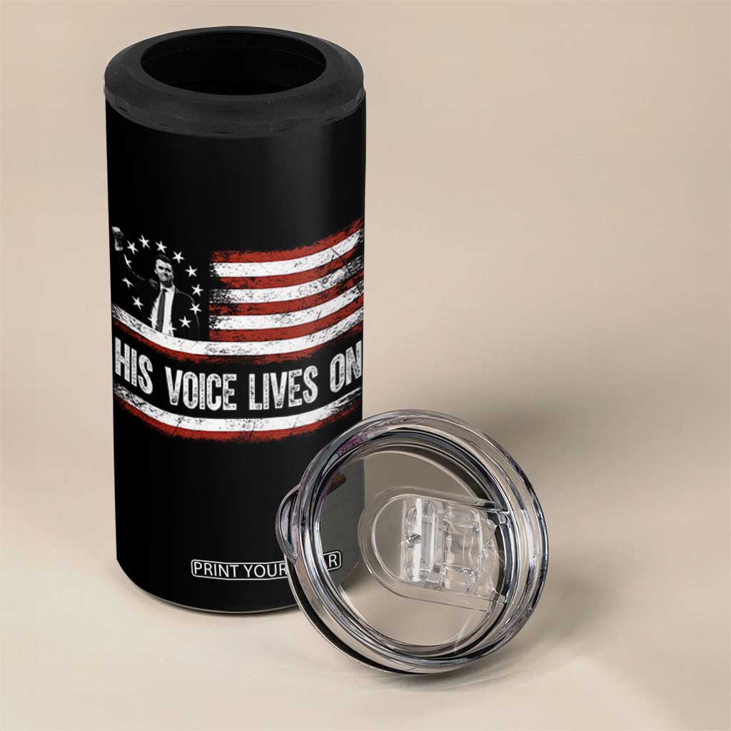 Charlie Kirk Memorial 4 in 1 Can Cooler Tumbler His Voice Lives On Vintage Patriotic American Flag TS02 Print Your Wear
