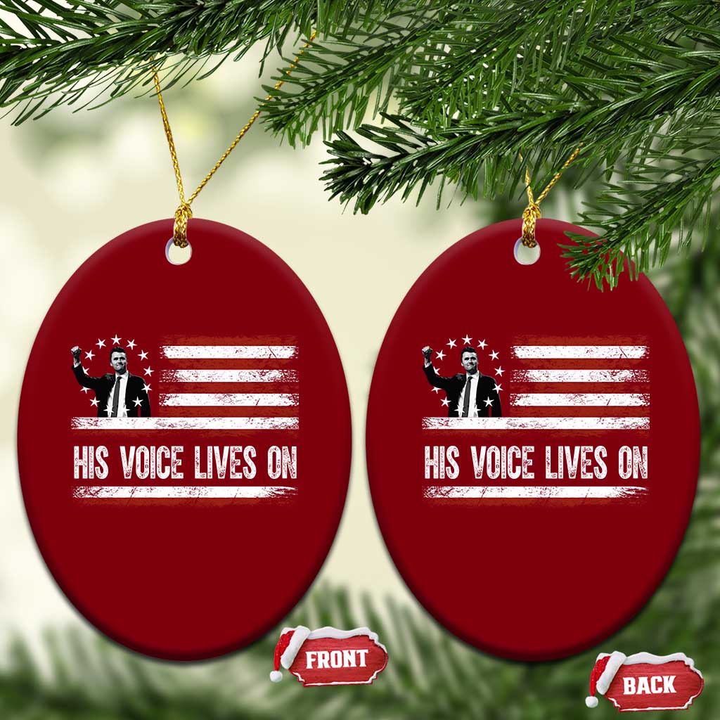 Charlie Kirk Memorial Ceramic Ornament His Voice Lives On Vintage Patriotic American Flag TS02 Print Your Wear