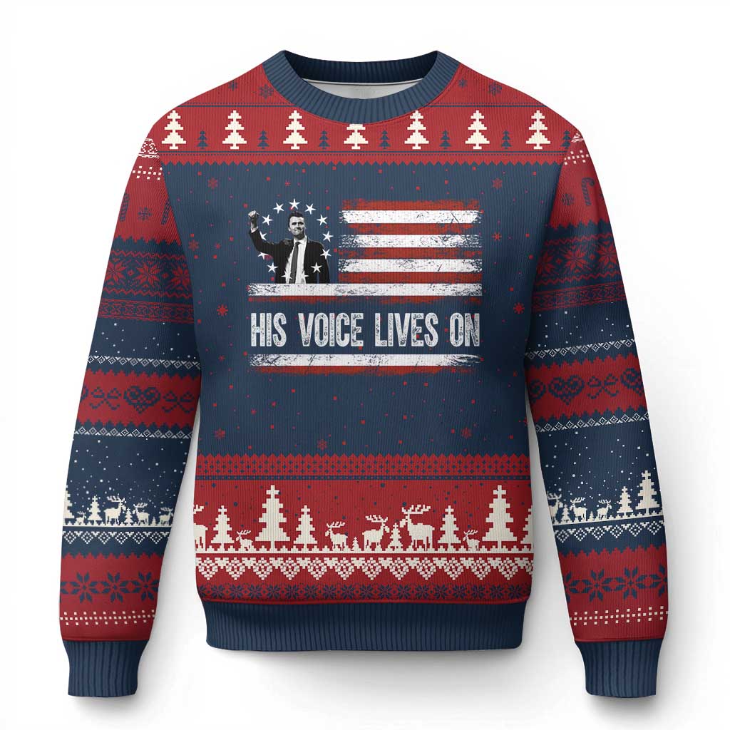 Charlie Kirk Memorial Ugly Christmas Sweater His Voice Lives On Vintage Patriotic American Flag TS02 Navy Red Print Your Wear