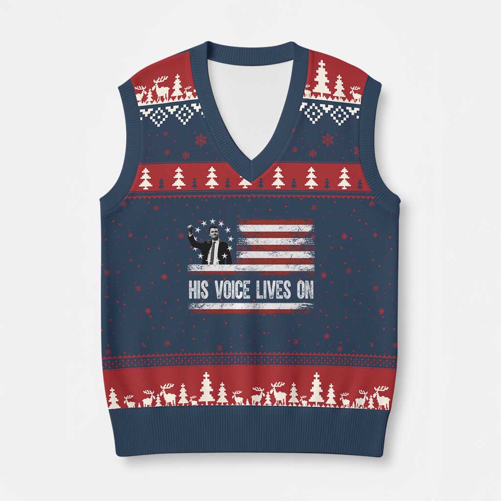 Charlie Kirk Memorial V-Neck Knit Sweater Vest His Voice Lives On Vintage Patriotic American Flag TS02 Navy Red Print Your Wear