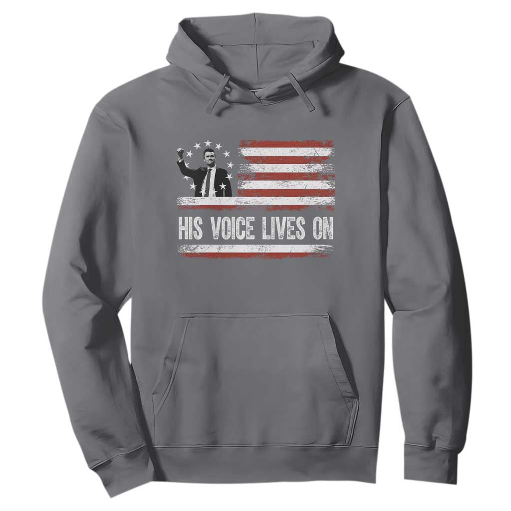 Charlie Kirk Memorial Hoodie His Voice Lives On Vintage Patriotic American Flag TS02 Charcoal Print Your Wear