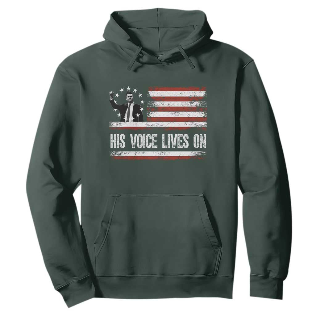 Charlie Kirk Memorial Hoodie His Voice Lives On Vintage Patriotic American Flag TS02 Dark Forest Green Print Your Wear