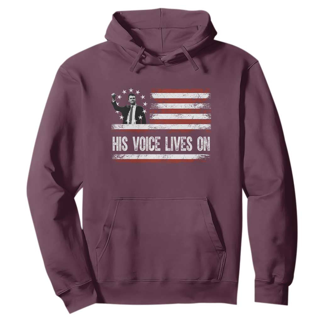 Charlie Kirk Memorial Hoodie His Voice Lives On Vintage Patriotic American Flag TS02 Maroon Print Your Wear