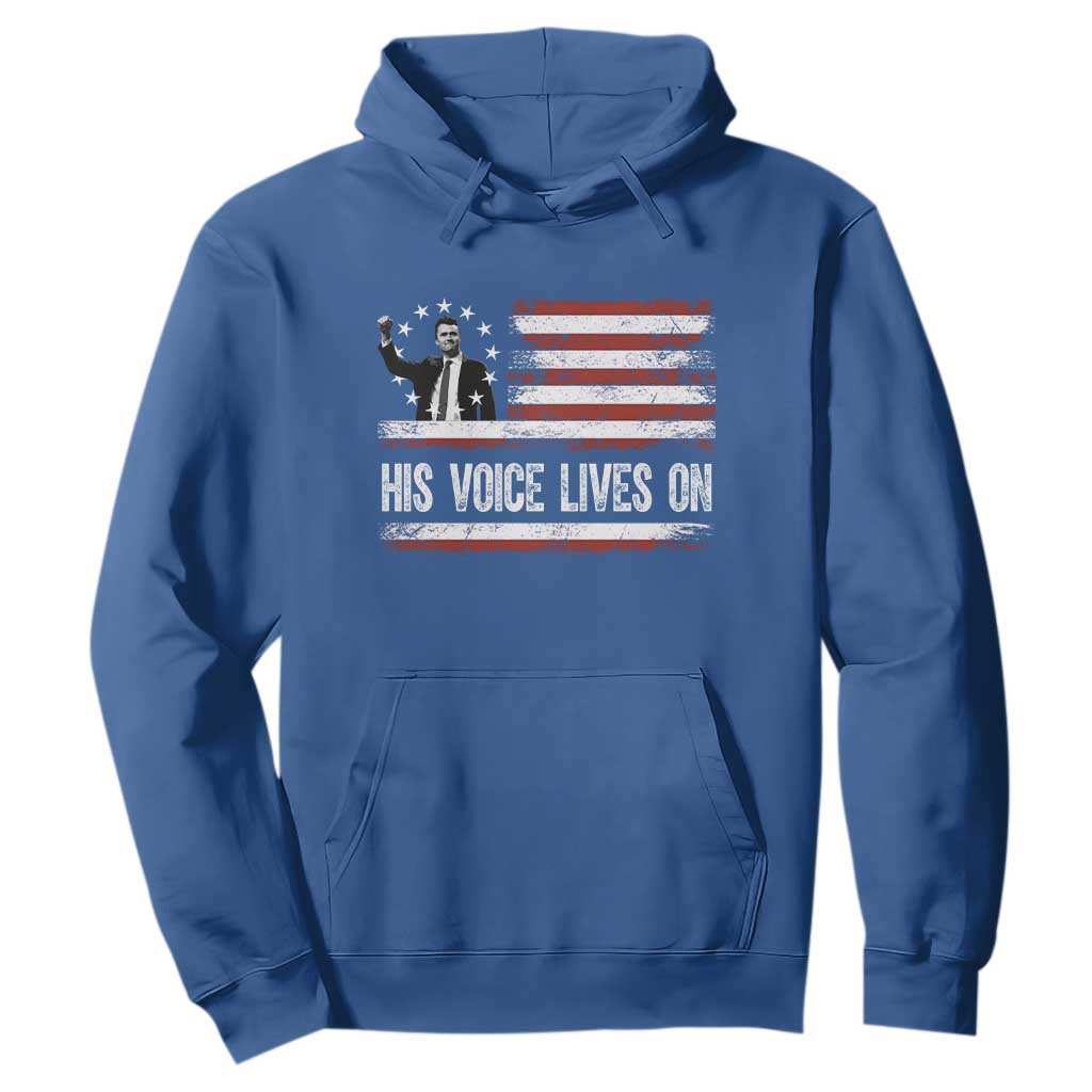 Charlie Kirk Memorial Hoodie His Voice Lives On Vintage Patriotic American Flag TS02 Royal Blue Print Your Wear