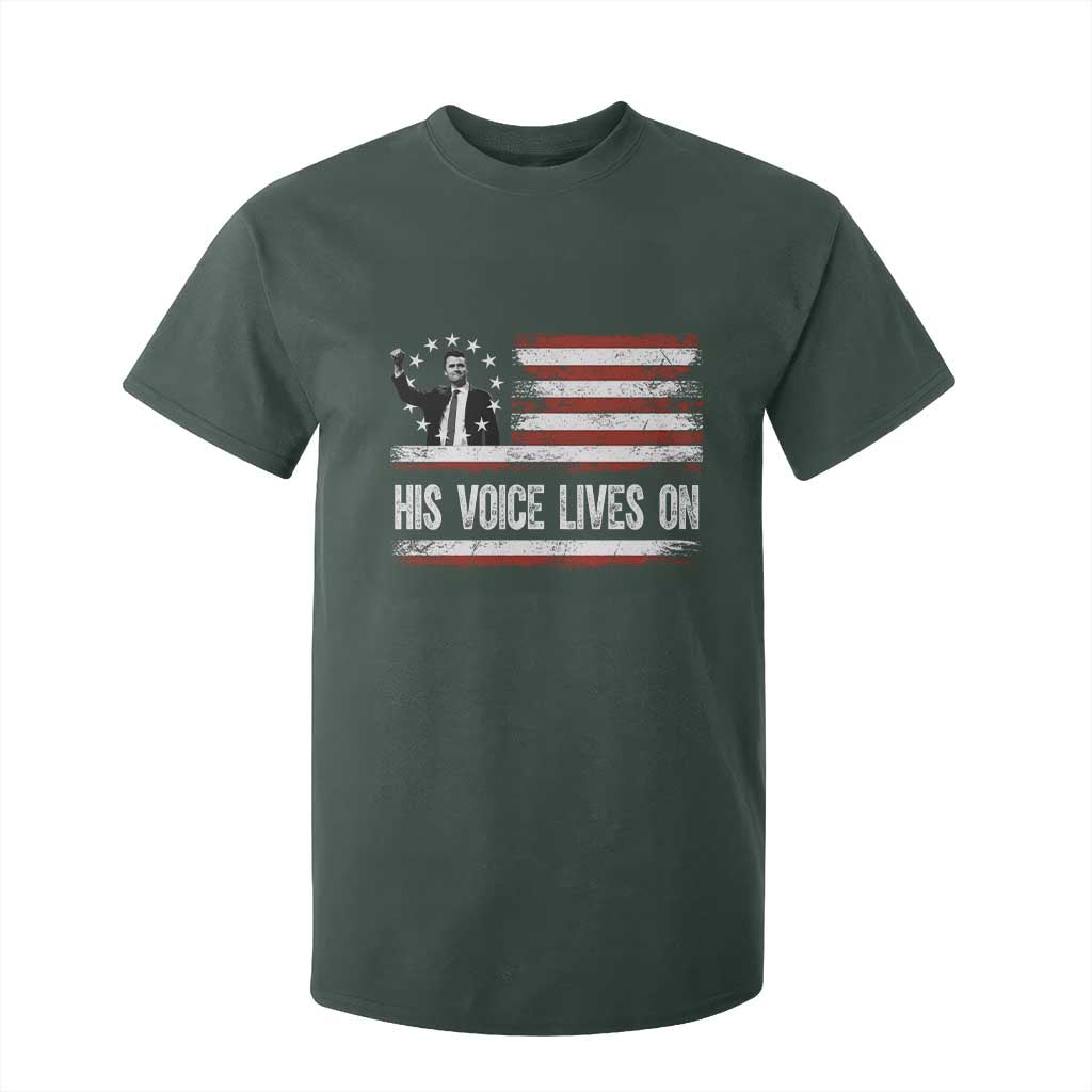 Charlie Kirk Memorial T Shirt For Kid His Voice Lives On Vintage Patriotic American Flag TS02 Dark Forest Green Print Your Wear