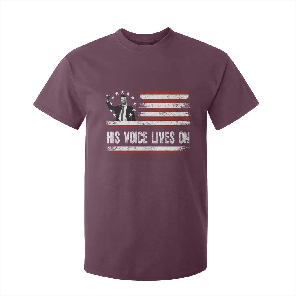 Charlie Kirk Memorial T Shirt For Kid His Voice Lives On Vintage Patriotic American Flag TS02 Maroon Print Your Wear