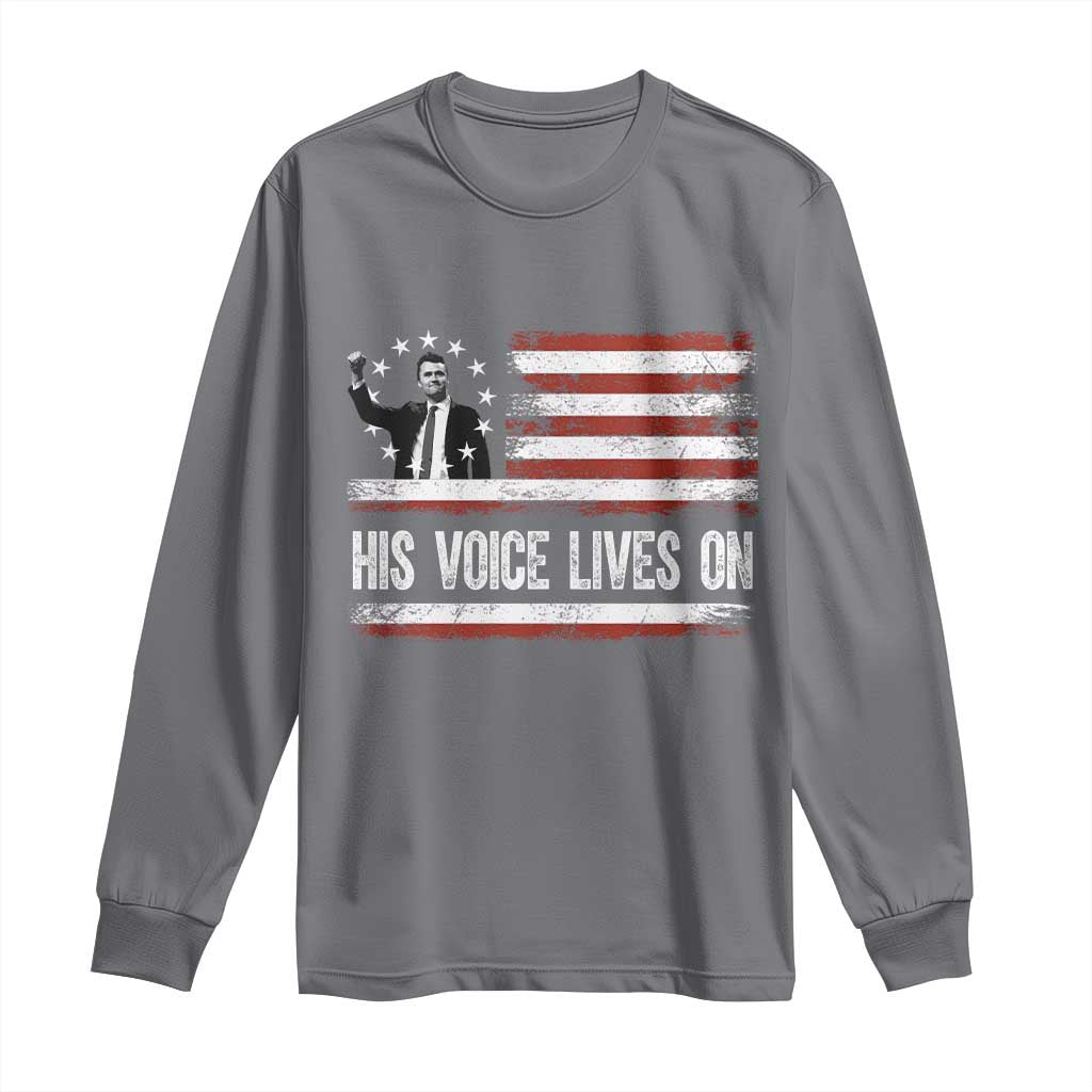 Charlie Kirk Memorial Long Sleeve Shirt His Voice Lives On Vintage Patriotic American Flag TS02 Charcoal Print Your Wear