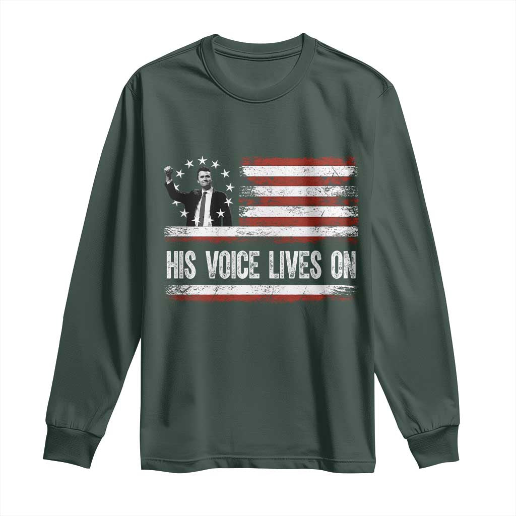Charlie Kirk Memorial Long Sleeve Shirt His Voice Lives On Vintage Patriotic American Flag TS02 Dark Forest Green Print Your Wear