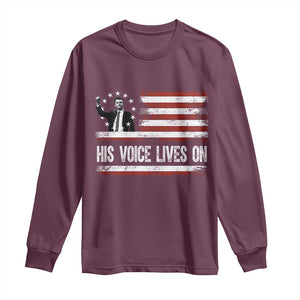 Charlie Kirk Memorial Long Sleeve Shirt His Voice Lives On Vintage Patriotic American Flag TS02 Maroon Print Your Wear