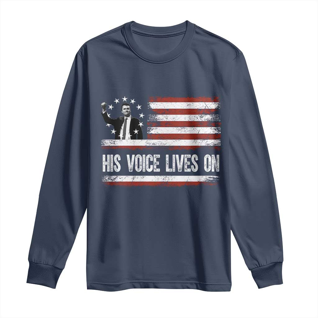 Charlie Kirk Memorial Long Sleeve Shirt His Voice Lives On Vintage Patriotic American Flag TS02 Navy Print Your Wear