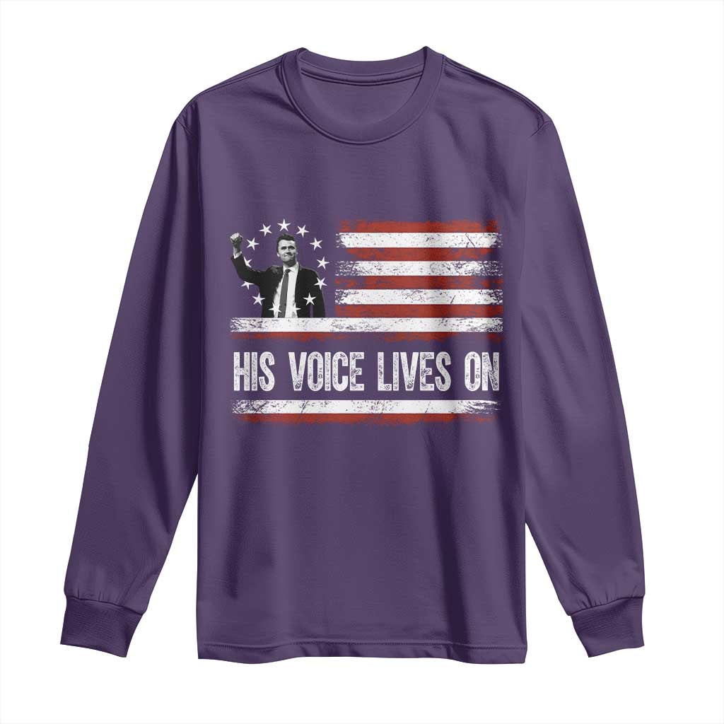 Charlie Kirk Memorial Long Sleeve Shirt His Voice Lives On Vintage Patriotic American Flag TS02 Purple Print Your Wear
