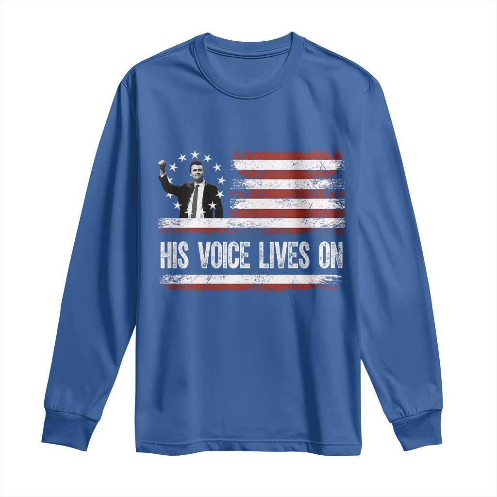 Charlie Kirk Memorial Long Sleeve Shirt His Voice Lives On Vintage Patriotic American Flag TS02 Royal Blue Print Your Wear