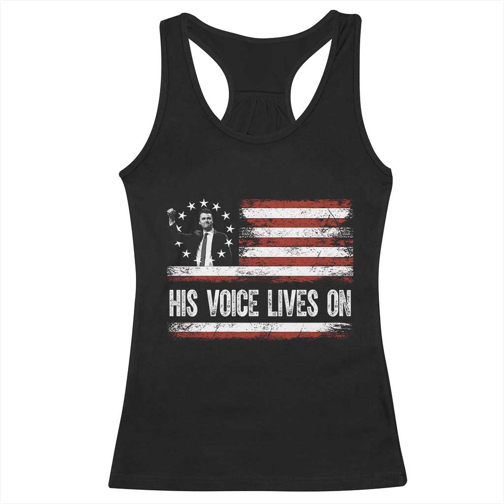 Charlie Kirk Memorial Racerback Tank Top His Voice Lives On Vintage Patriotic American Flag TS02 Black Print Your Wear