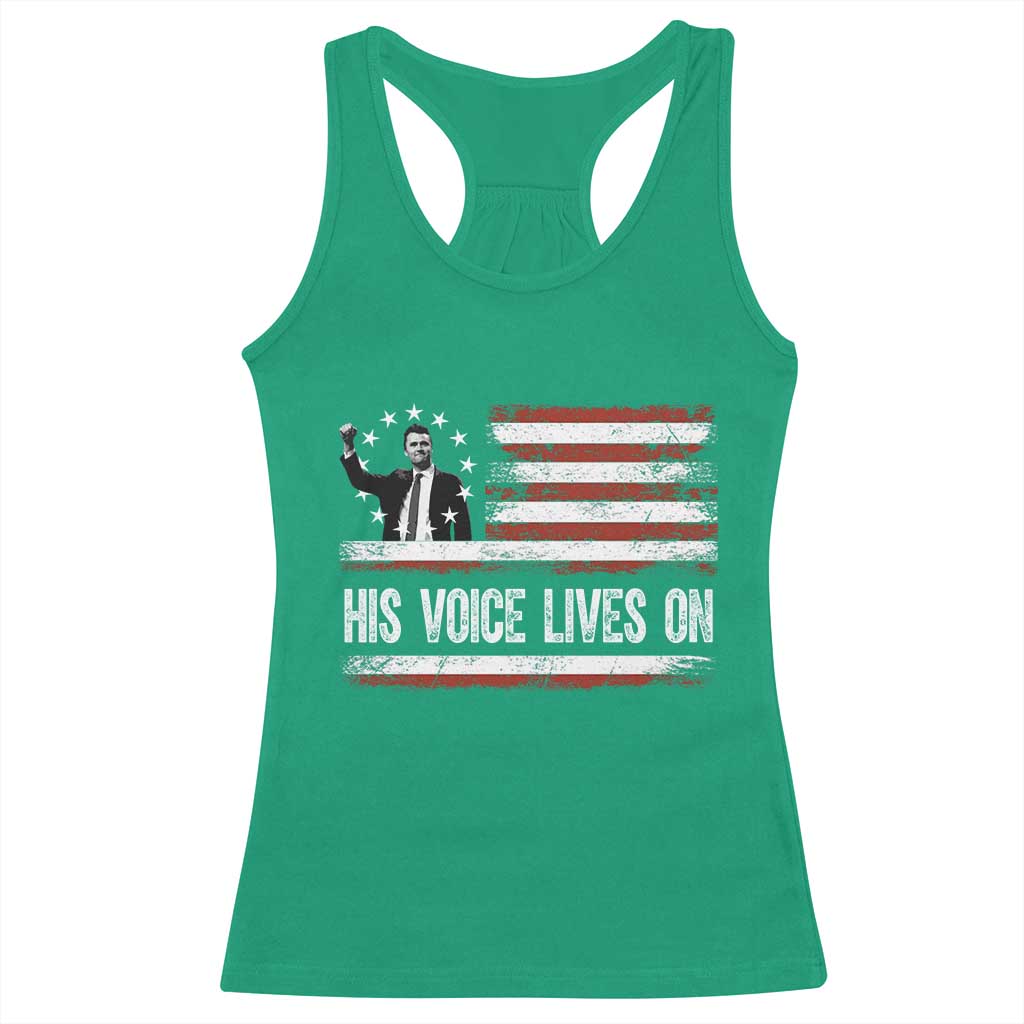 Charlie Kirk Memorial Racerback Tank Top His Voice Lives On Vintage Patriotic American Flag TS02 Irish Green Print Your Wear