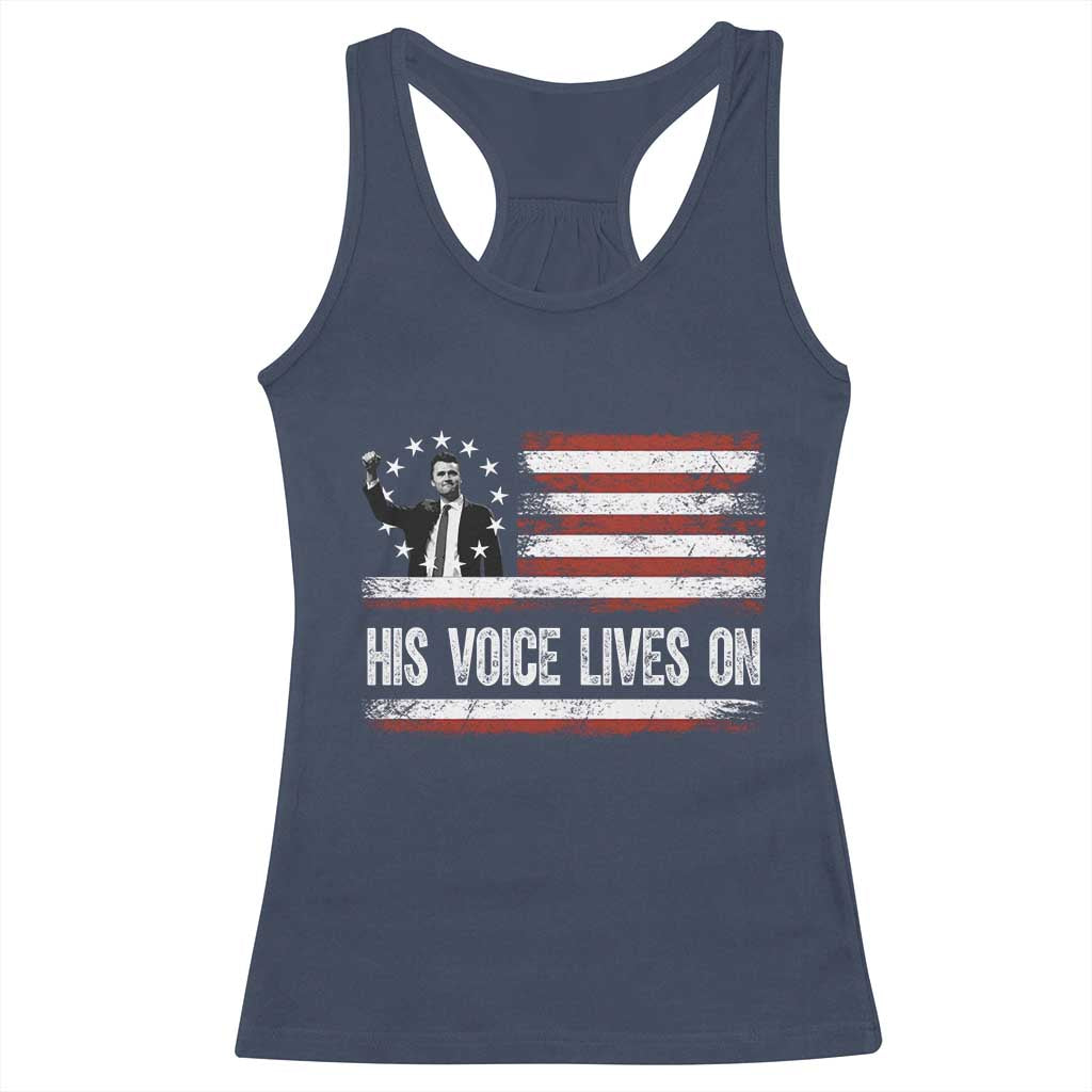 Charlie Kirk Memorial Racerback Tank Top His Voice Lives On Vintage Patriotic American Flag TS02 Navy Print Your Wear