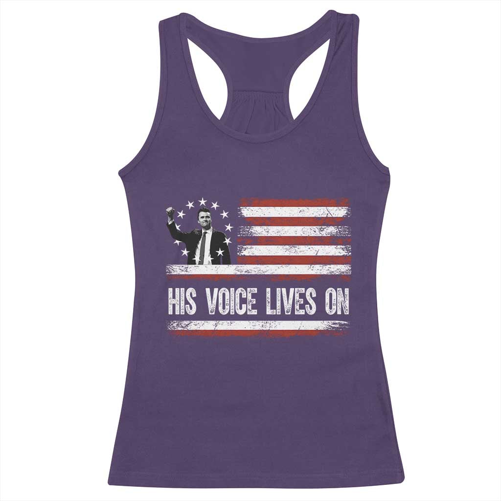 Charlie Kirk Memorial Racerback Tank Top His Voice Lives On Vintage Patriotic American Flag TS02 Purple Print Your Wear