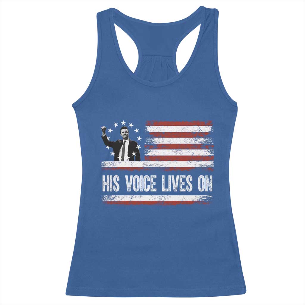 Charlie Kirk Memorial Racerback Tank Top His Voice Lives On Vintage Patriotic American Flag TS02 Royal Blue Print Your Wear