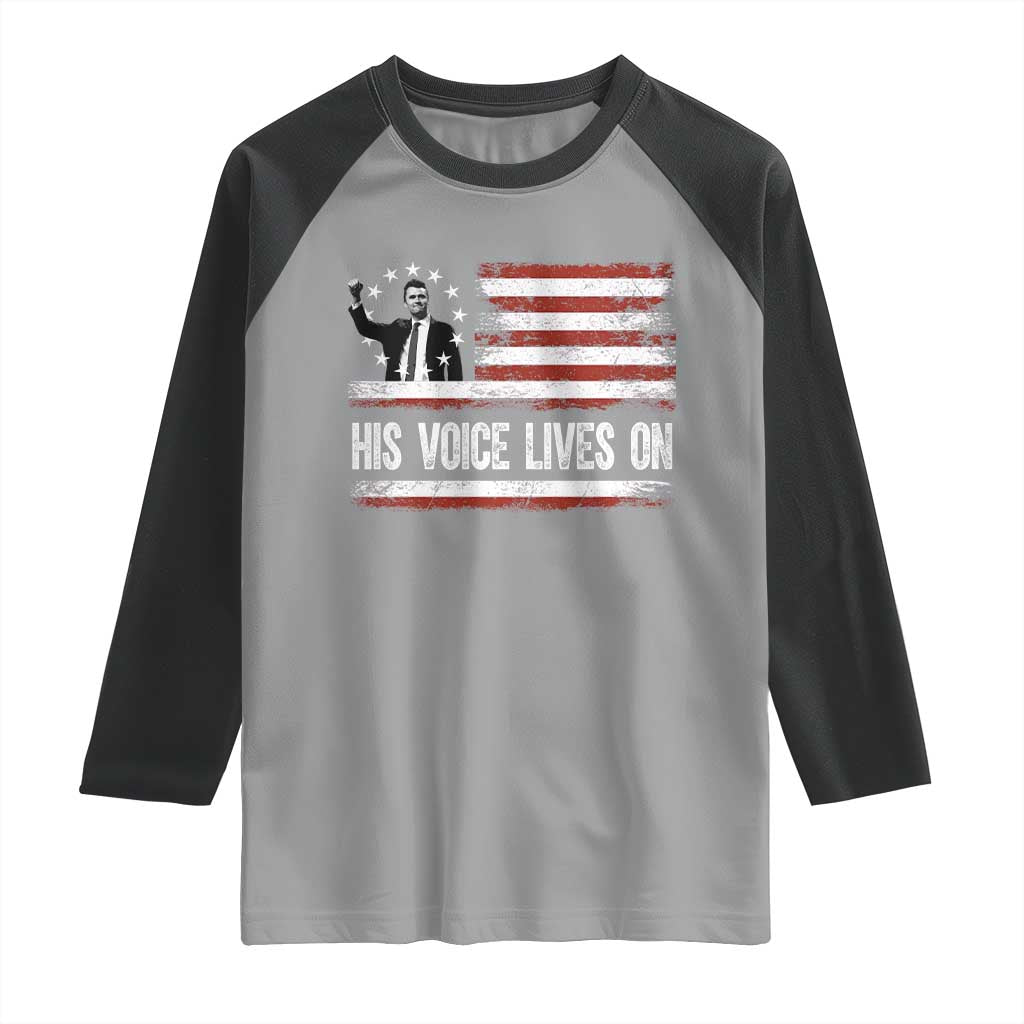 Charlie Kirk Memorial Raglan Shirt His Voice Lives On Vintage Patriotic American Flag TS02 Sport Gray Black Print Your Wear