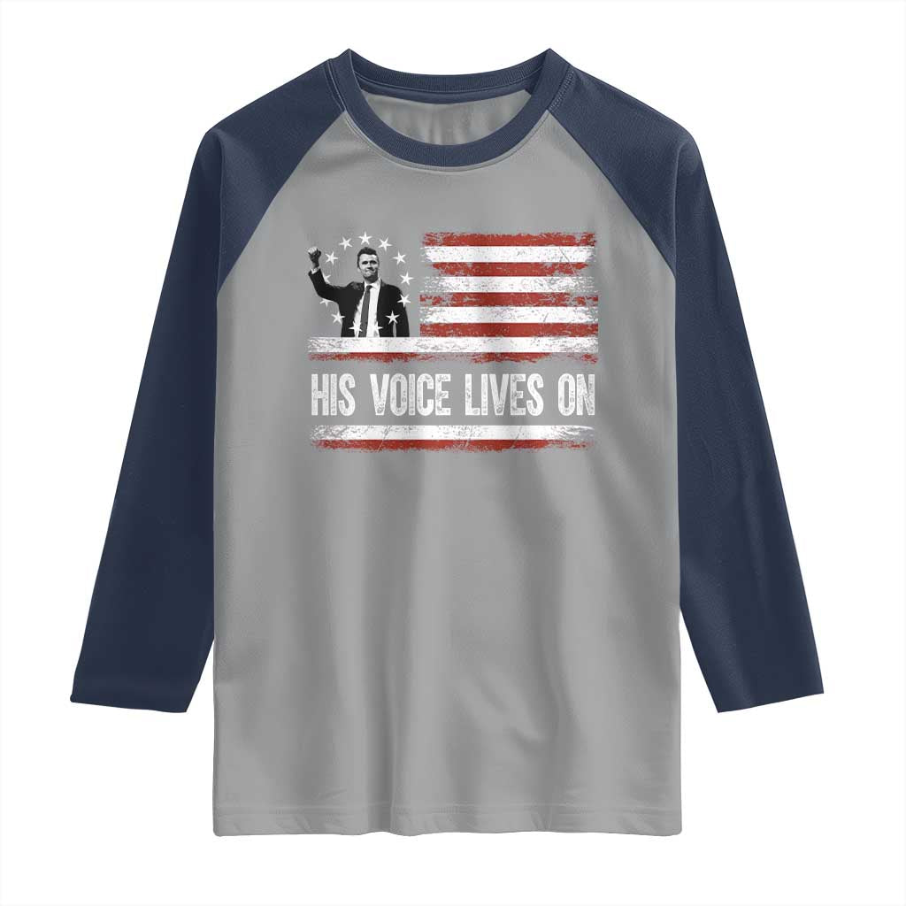 Charlie Kirk Memorial Raglan Shirt His Voice Lives On Vintage Patriotic American Flag TS02 Sport Gray Navy Print Your Wear