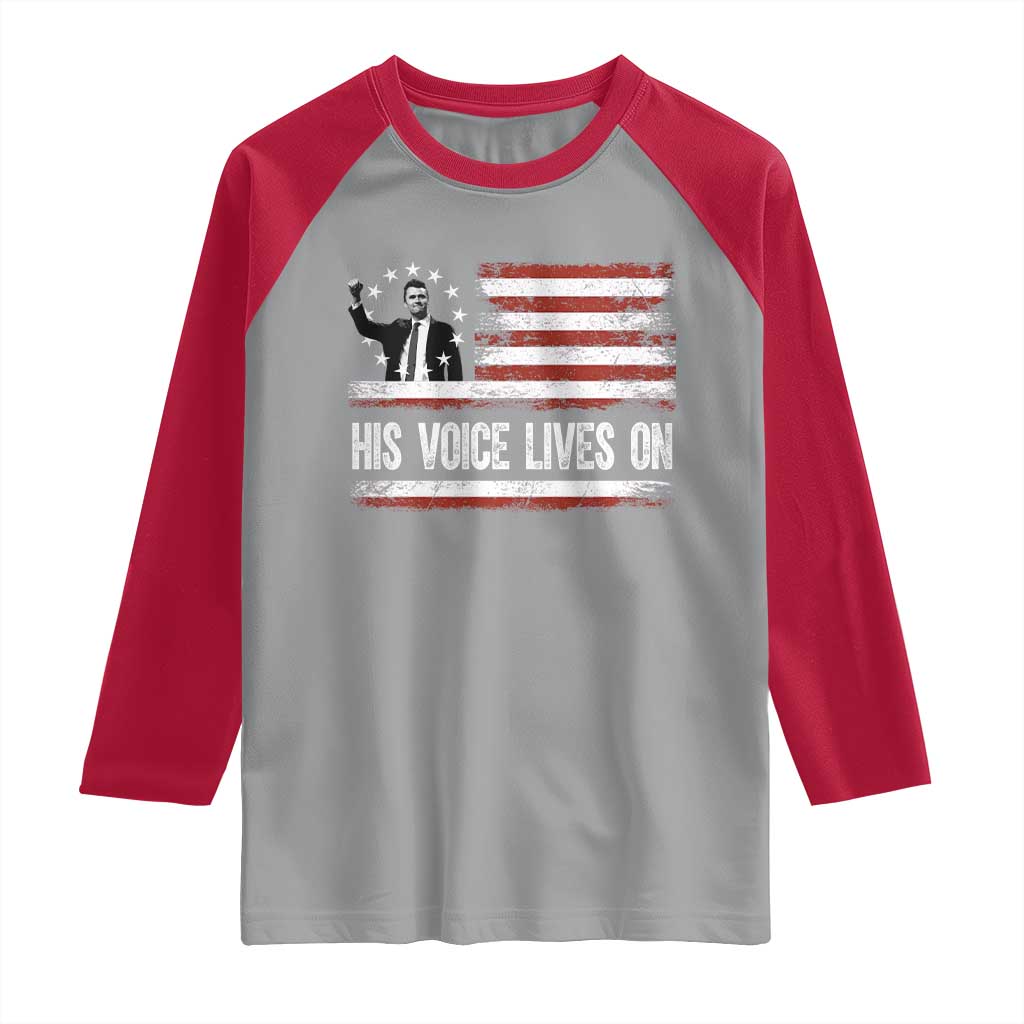 Charlie Kirk Memorial Raglan Shirt His Voice Lives On Vintage Patriotic American Flag TS02 Sport Gray Red Print Your Wear