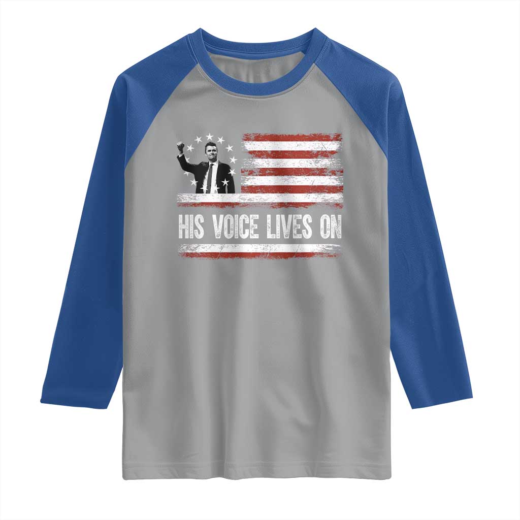 Charlie Kirk Memorial Raglan Shirt His Voice Lives On Vintage Patriotic American Flag TS02 Sport Gray Royal Print Your Wear