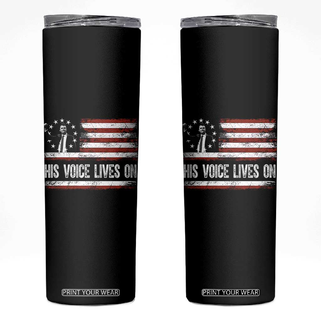 Charlie Kirk Memorial Skinny Tumbler His Voice Lives On Vintage Patriotic American Flag TS02 Black Print Your Wear