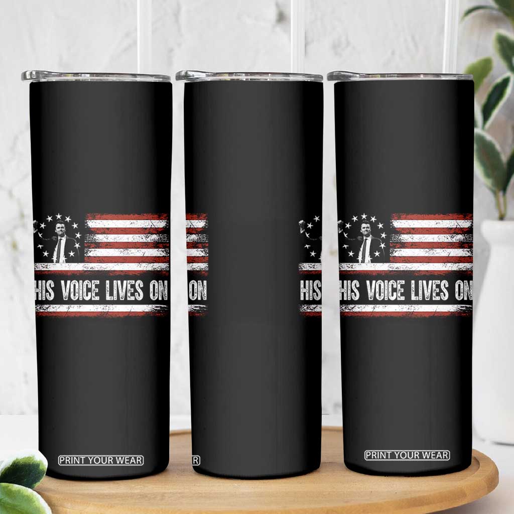 Charlie Kirk Memorial Skinny Tumbler His Voice Lives On Vintage Patriotic American Flag TS02 Print Your Wear
