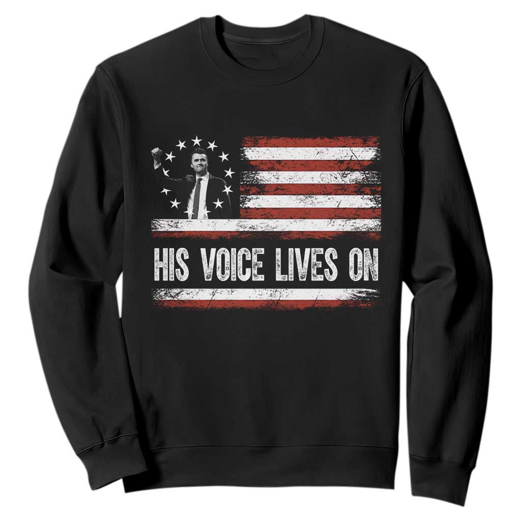 Charlie Kirk Memorial Sweatshirt His Voice Lives On Vintage Patriotic American Flag TS02 Black Print Your Wear