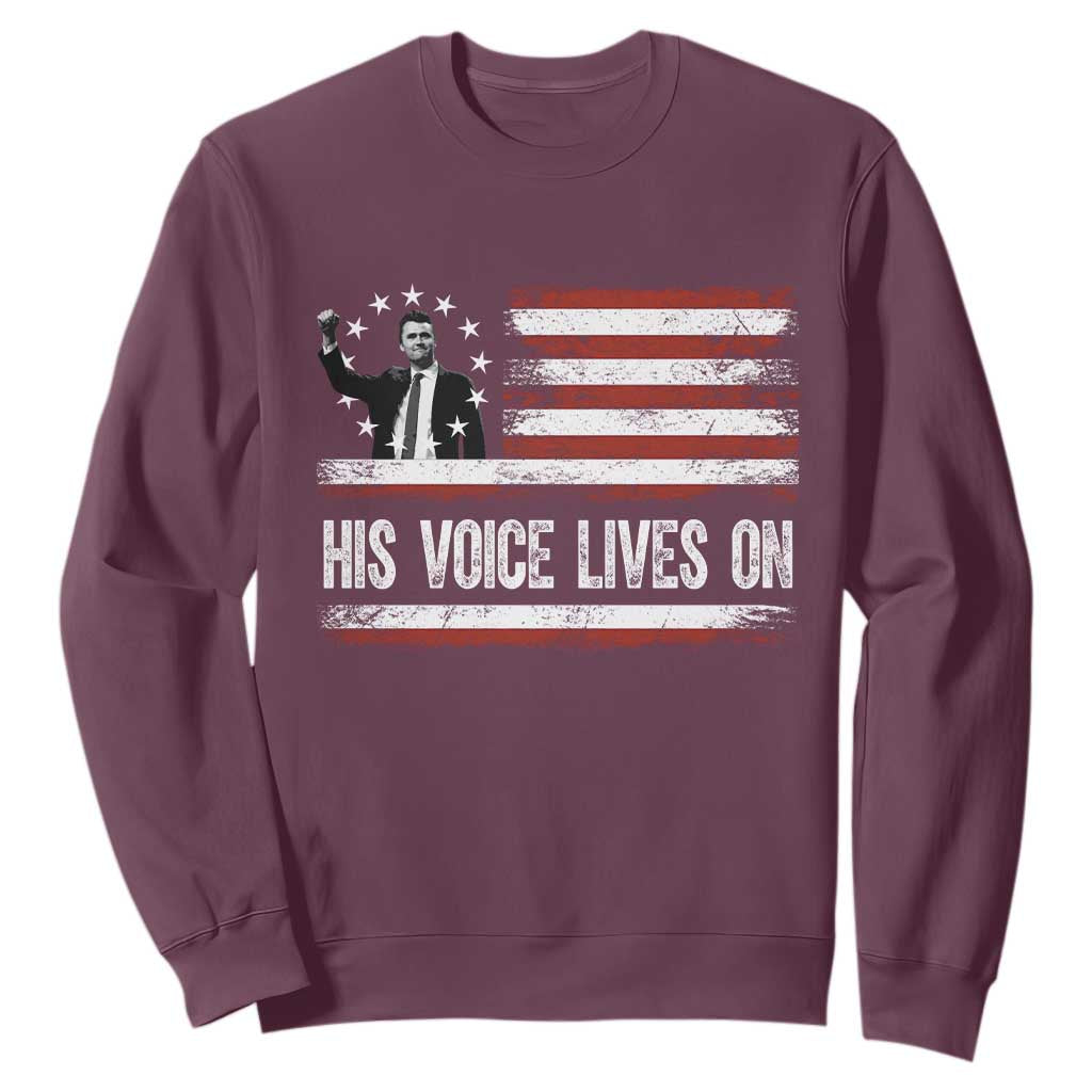 Charlie Kirk Memorial Sweatshirt His Voice Lives On Vintage Patriotic American Flag TS02 Maroon Print Your Wear