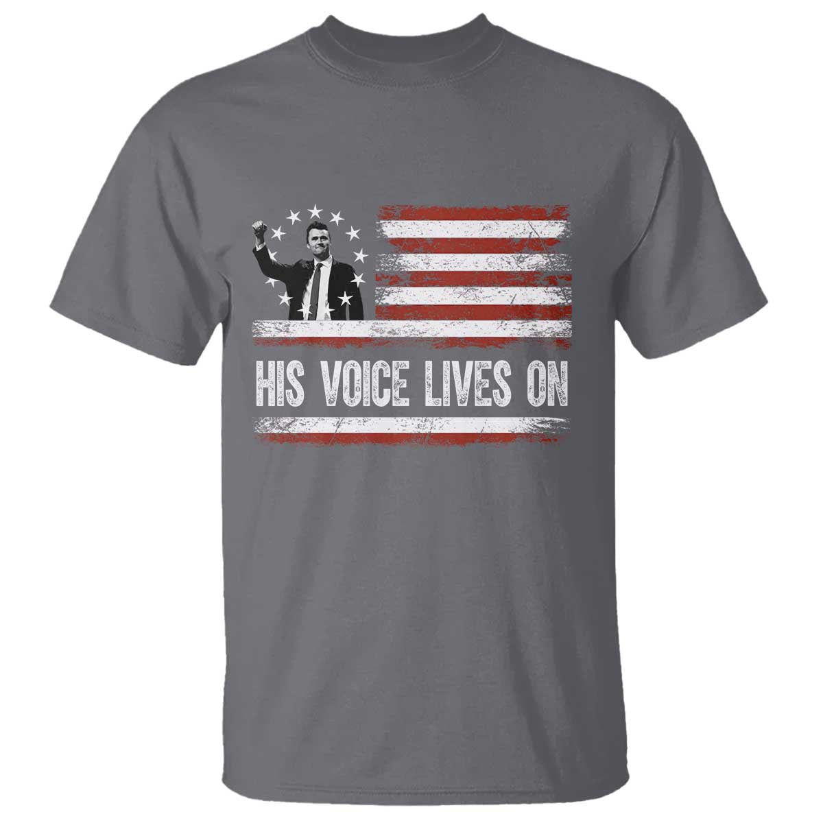 Charlie Kirk Memorial T Shirt His Voice Lives On Vintage Patriotic American Flag TS02 Charcoal Print Your Wear