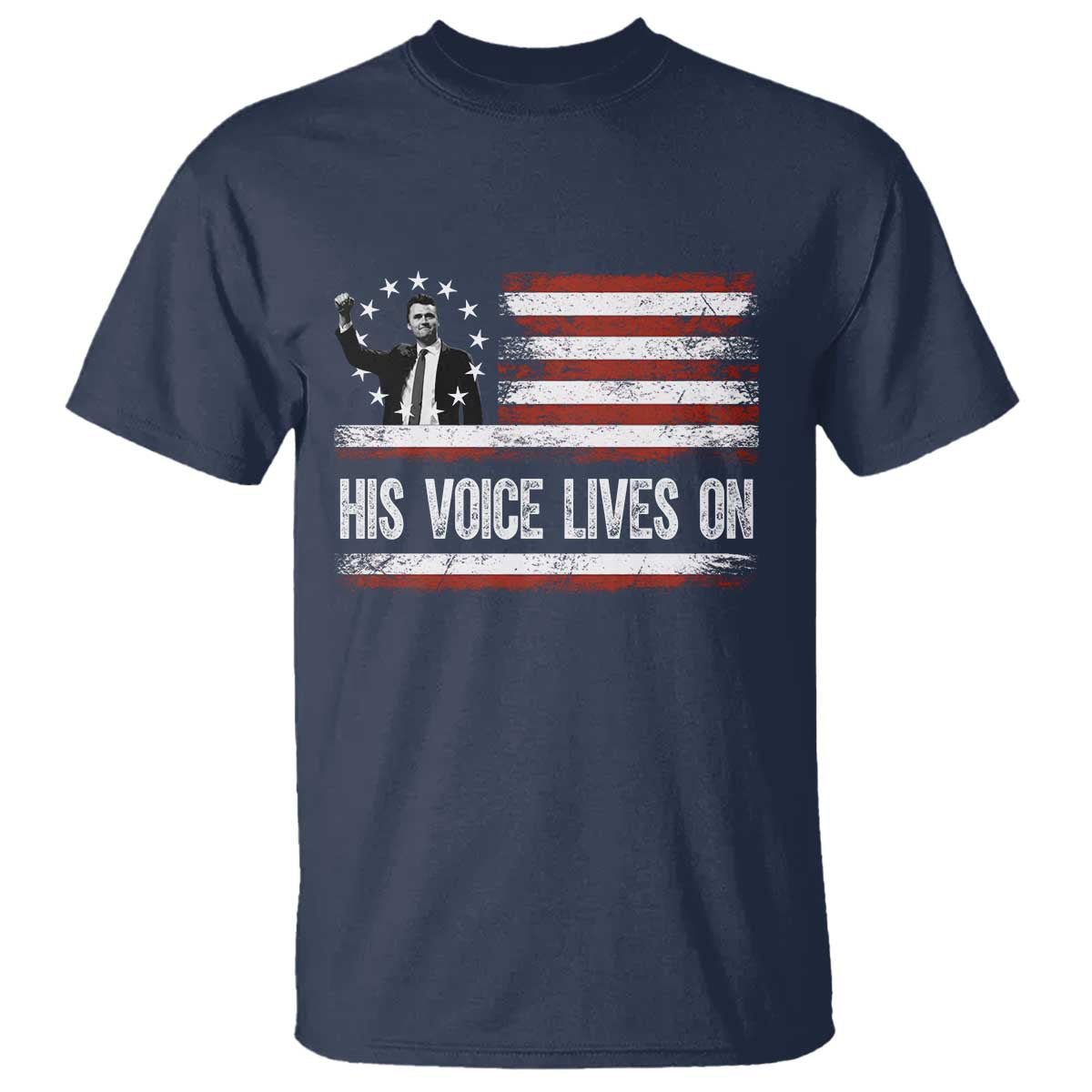 Charlie Kirk Memorial T Shirt His Voice Lives On Vintage Patriotic American Flag TS02 Navy Print Your Wear