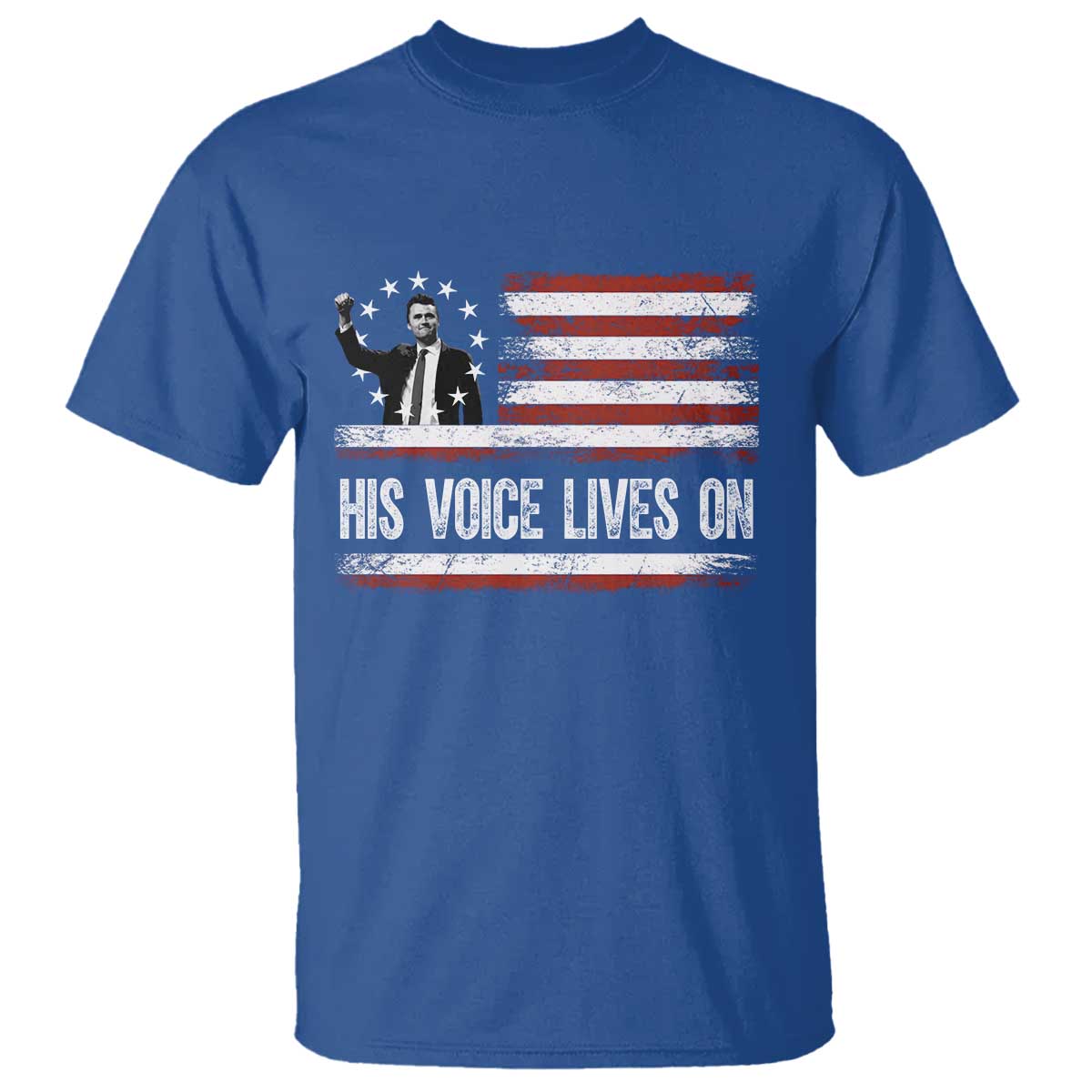 Charlie Kirk Memorial T Shirt His Voice Lives On Vintage Patriotic American Flag TS02 Royal Blue Print Your Wear