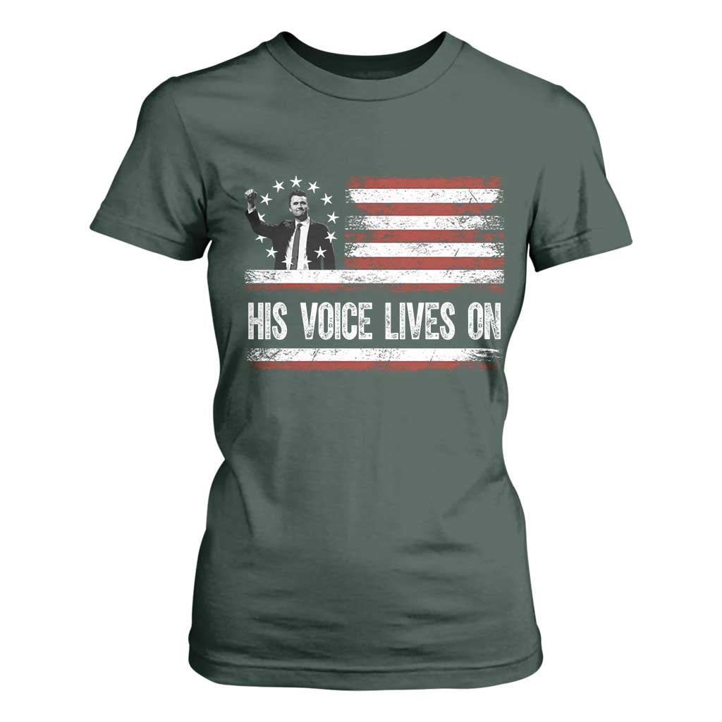 Charlie Kirk Memorial T Shirt For Women His Voice Lives On Vintage Patriotic American Flag TS02 Dark Forest Green Print Your Wear