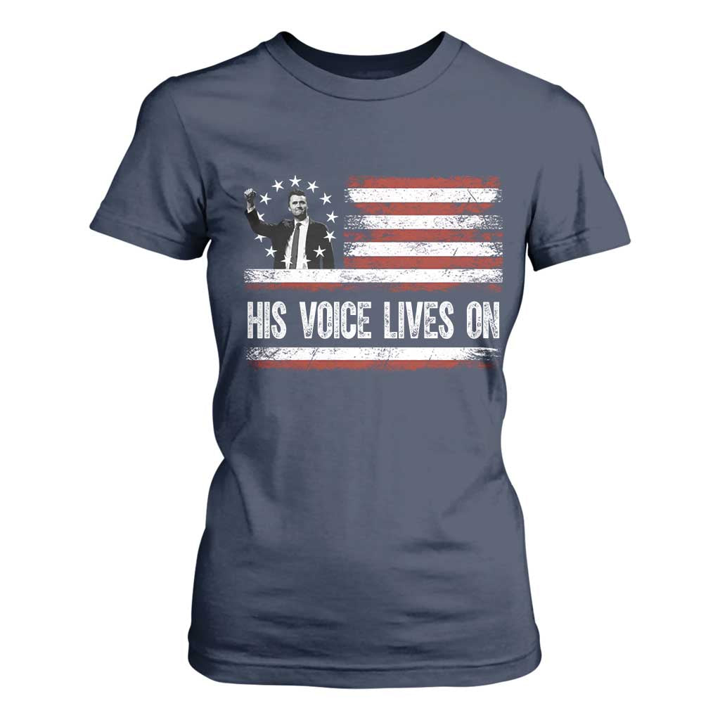 Charlie Kirk Memorial T Shirt For Women His Voice Lives On Vintage Patriotic American Flag TS02 Navy Print Your Wear