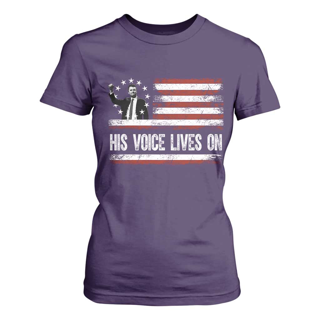 Charlie Kirk Memorial T Shirt For Women His Voice Lives On Vintage Patriotic American Flag TS02 Purple Print Your Wear