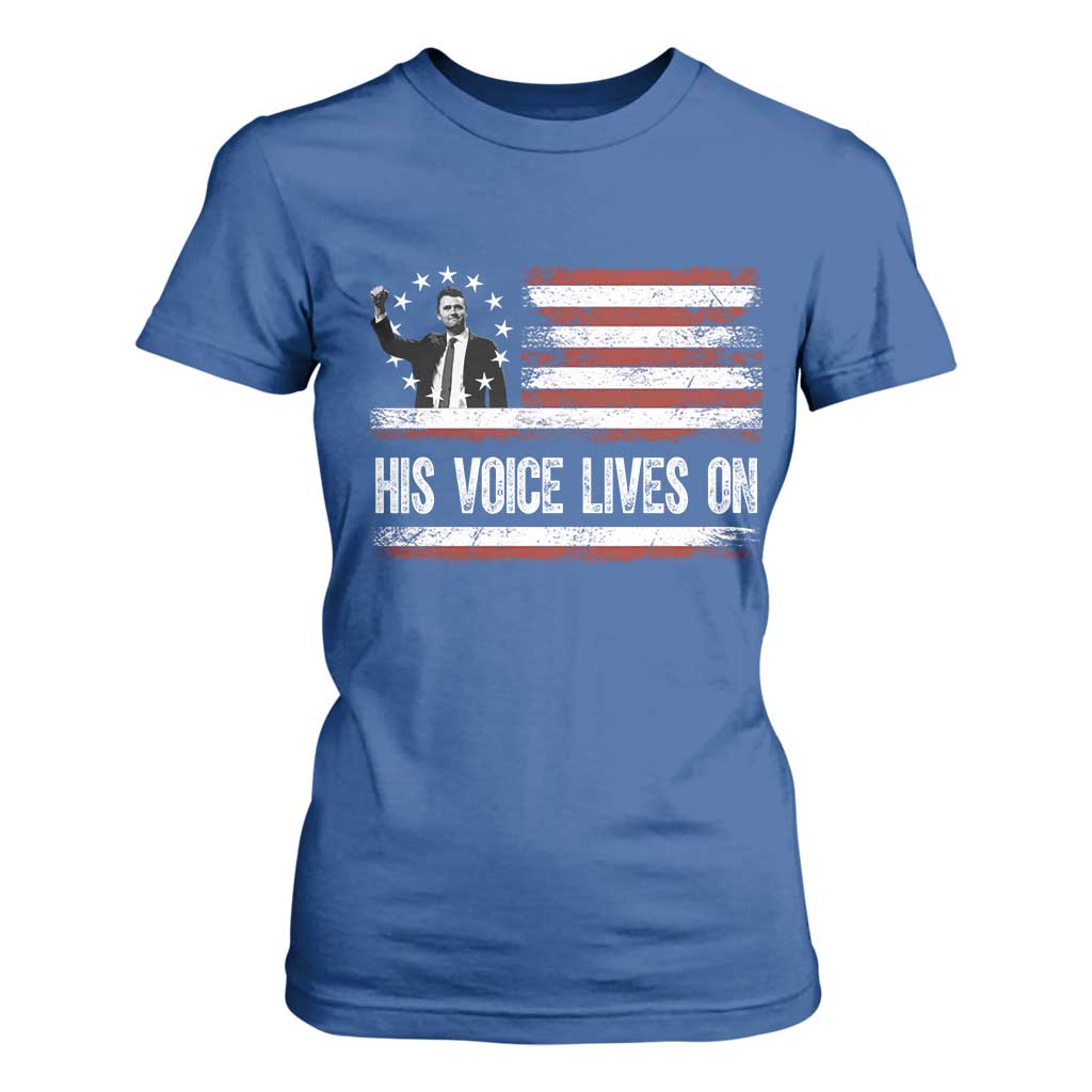 Charlie Kirk Memorial T Shirt For Women His Voice Lives On Vintage Patriotic American Flag TS02 Royal Blue Print Your Wear