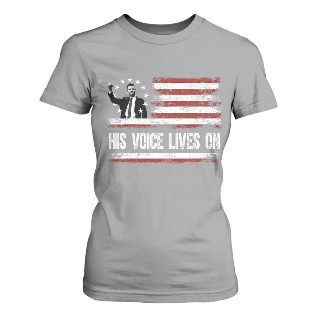Charlie Kirk Memorial T Shirt For Women His Voice Lives On Vintage Patriotic American Flag TS02 Sport Gray Print Your Wear