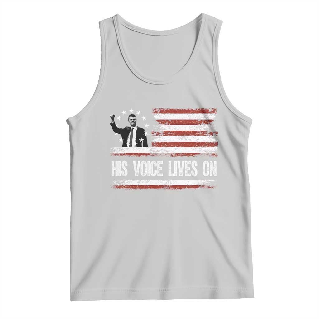 Charlie Kirk Memorial Tank Top His Voice Lives On Vintage Patriotic American Flag TS02 Ash Print Your Wear