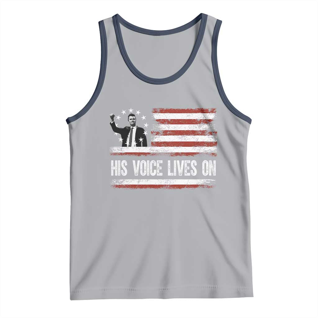 Charlie Kirk Memorial Tank Top His Voice Lives On Vintage Patriotic American Flag TS02 Athletic Heather Navy Print Your Wear