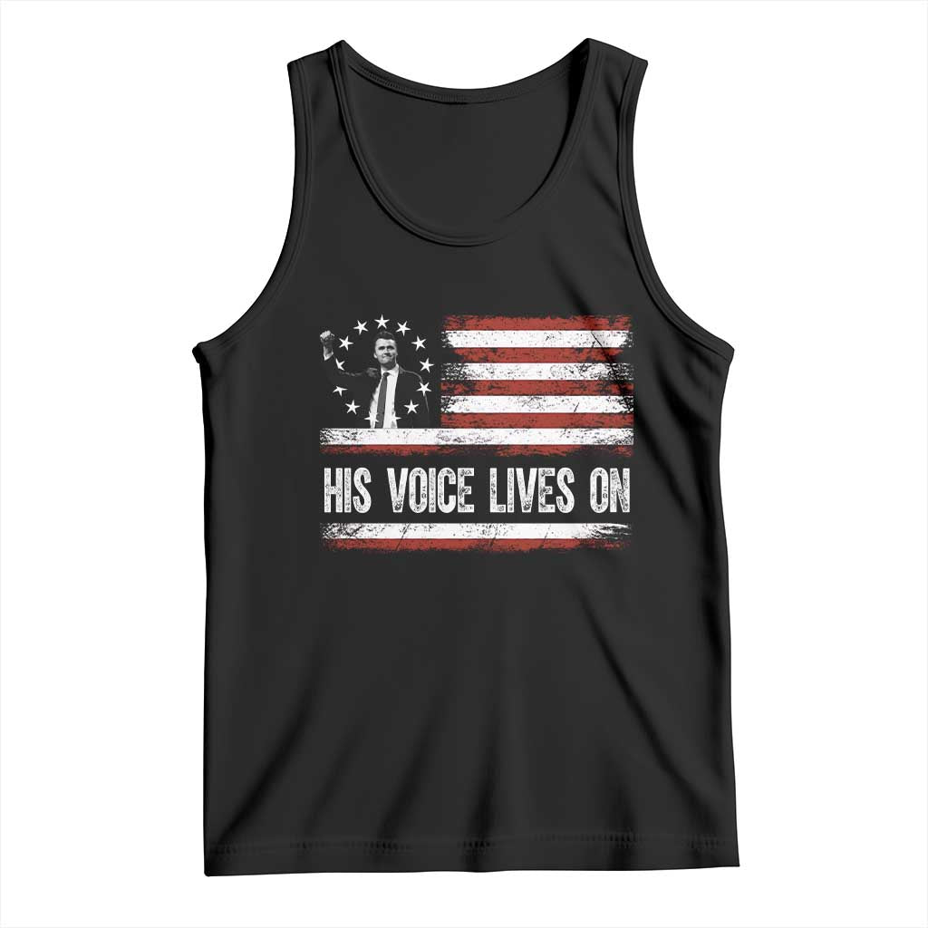 Charlie Kirk Memorial Tank Top His Voice Lives On Vintage Patriotic American Flag TS02 Black Print Your Wear