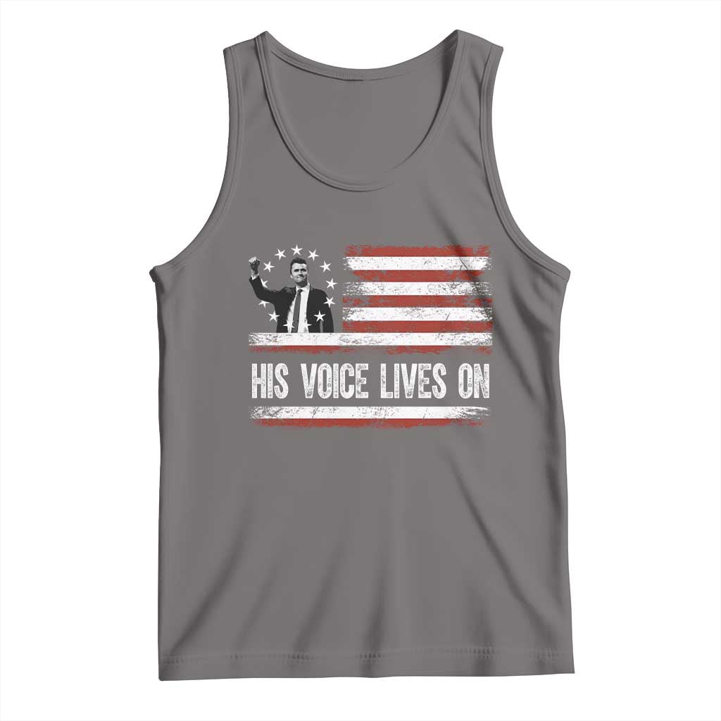 Charlie Kirk Memorial Tank Top His Voice Lives On Vintage Patriotic American Flag TS02 Deep Heather Print Your Wear