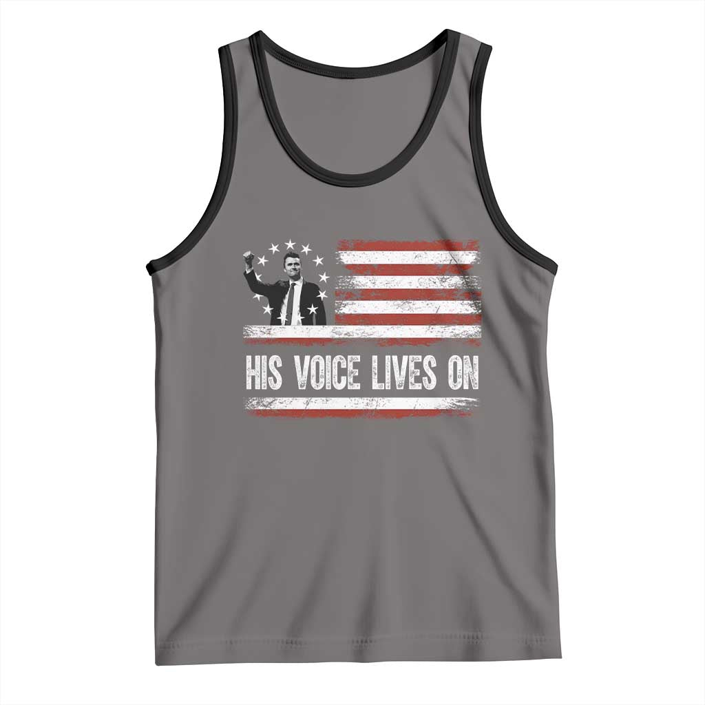Charlie Kirk Memorial Tank Top His Voice Lives On Vintage Patriotic American Flag TS02 Deep Heather Black Print Your Wear