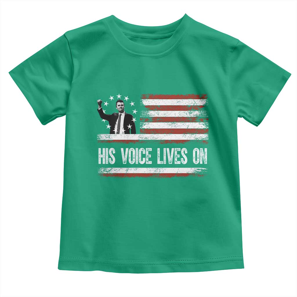 Charlie Kirk Memorial Toddler T Shirt His Voice Lives On Vintage Patriotic American Flag TS02 Irish Green Print Your Wear