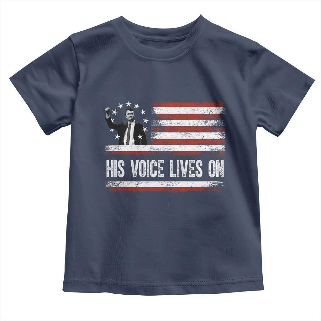 Charlie Kirk Memorial Toddler T Shirt His Voice Lives On Vintage Patriotic American Flag TS02 Navy Print Your Wear