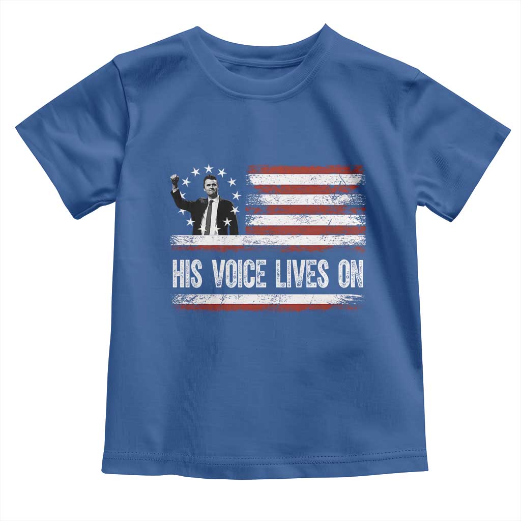 Charlie Kirk Memorial Toddler T Shirt His Voice Lives On Vintage Patriotic American Flag TS02 Royal Blue Print Your Wear