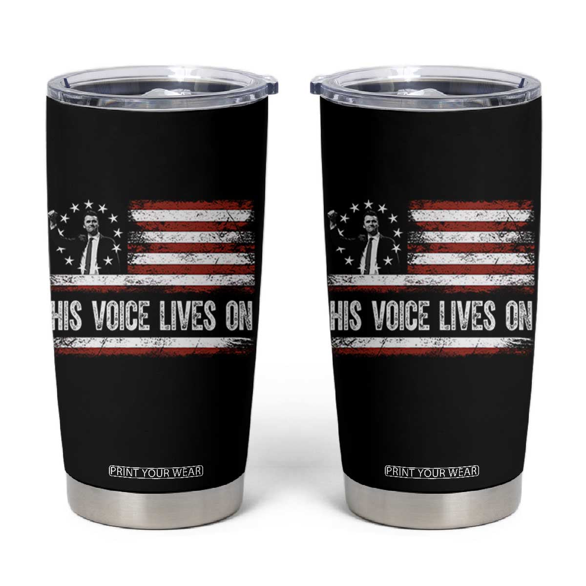 Charlie Kirk Memorial Tumbler Cup His Voice Lives On Vintage Patriotic American Flag TS02 Black Print Your Wear