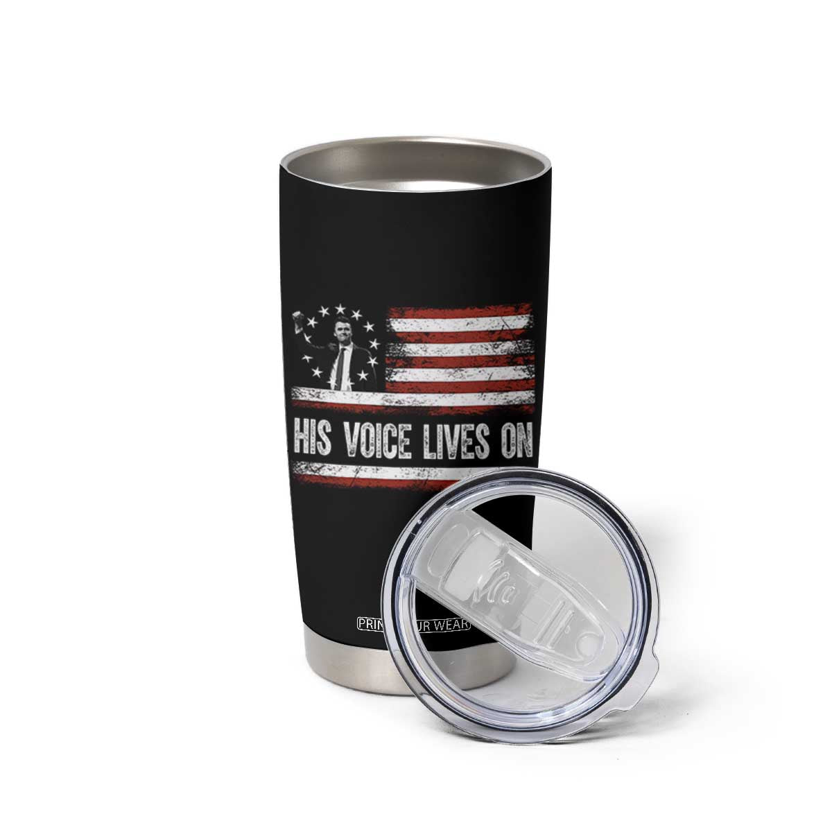 Charlie Kirk Memorial Tumbler Cup His Voice Lives On Vintage Patriotic American Flag TS02 Print Your Wear