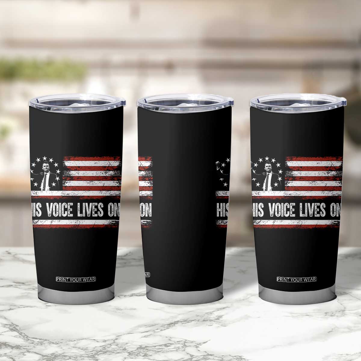 Charlie Kirk Memorial Tumbler Cup His Voice Lives On Vintage Patriotic American Flag TS02 Print Your Wear