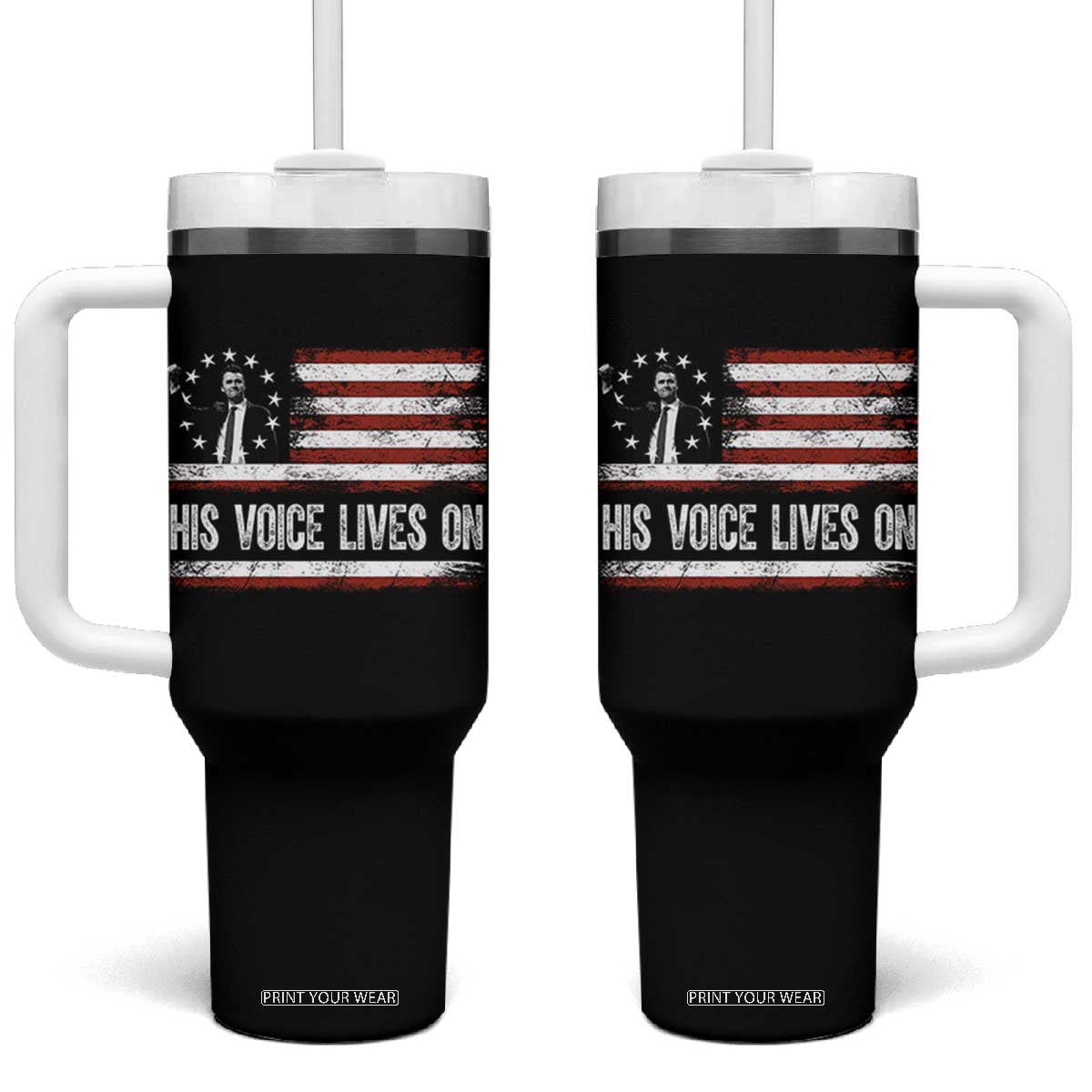 Charlie Kirk Memorial Tumbler With Handle His Voice Lives On Vintage Patriotic American Flag TS02 One Size: 40 oz Black Print Your Wear